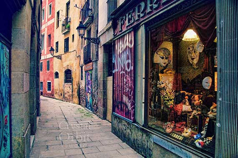 Mask shop in Barcelona with graffiti